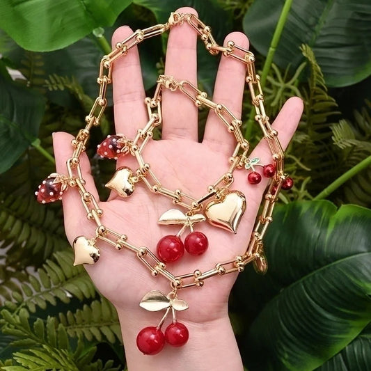 Vintage Style Modern Style IG Style Cherry Fruit Heart Shape Alloy Copper 18K Gold Plated Polishing Enamel Bracelets Necklace Jewelry Set