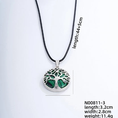 Ig Style Minimalist Round Tree Stainless Steel Natural Stone Leather Rope Inlay Natural Stone Pendant Necklace