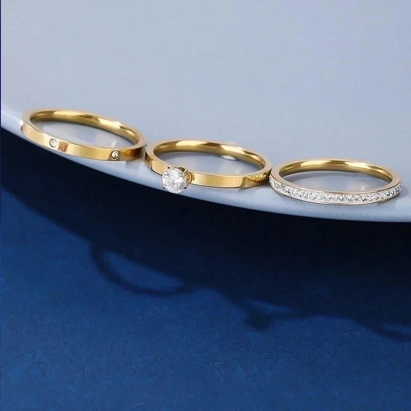 Elegant Solid Color 304 Stainless Steel Zircon Gold Plated Inlay Rings