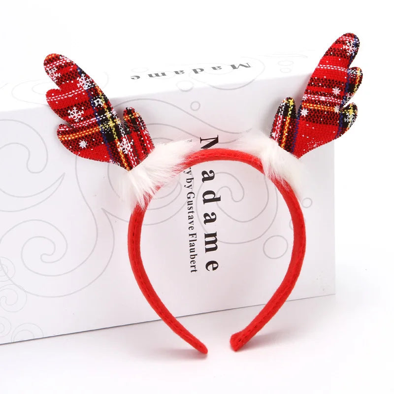6 Pieces Rl481 Christmas Antler Headband Printed Plaid Fabric Three Styles Antler Headband Christmas Decoration