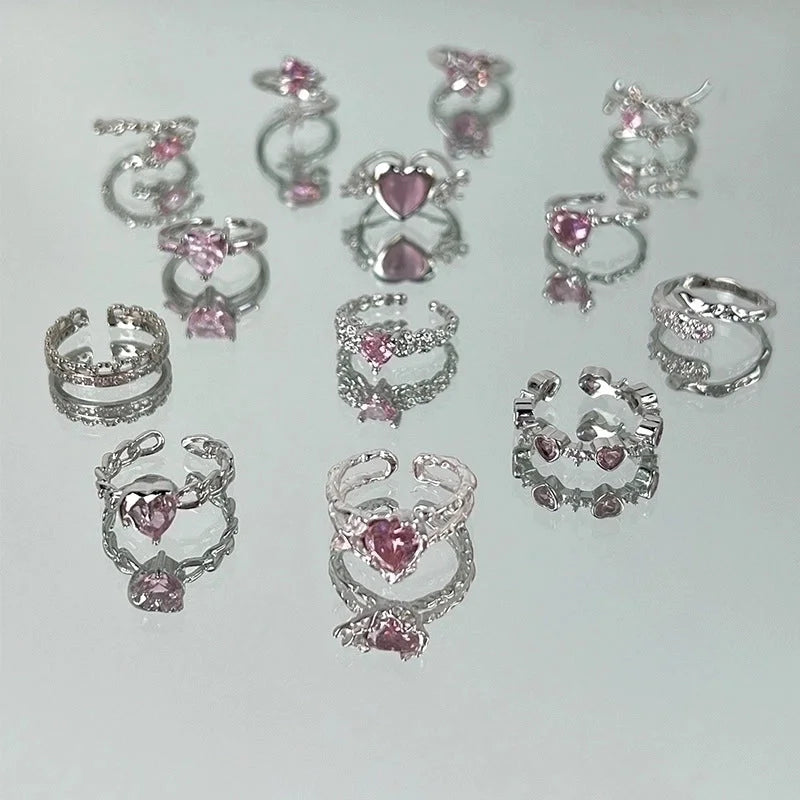 Sweet Geometric Heart Shape Bow Knot Copper Plating Inlay Zircon Open Rings