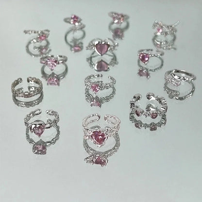 Sweet Geometric Heart Shape Bow Knot Copper Plating Inlay Zircon Open Rings