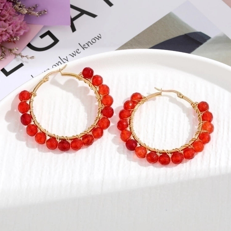 2 Pieces Retro Geometric Handmade Stainless Steel Natural Stone Earrings