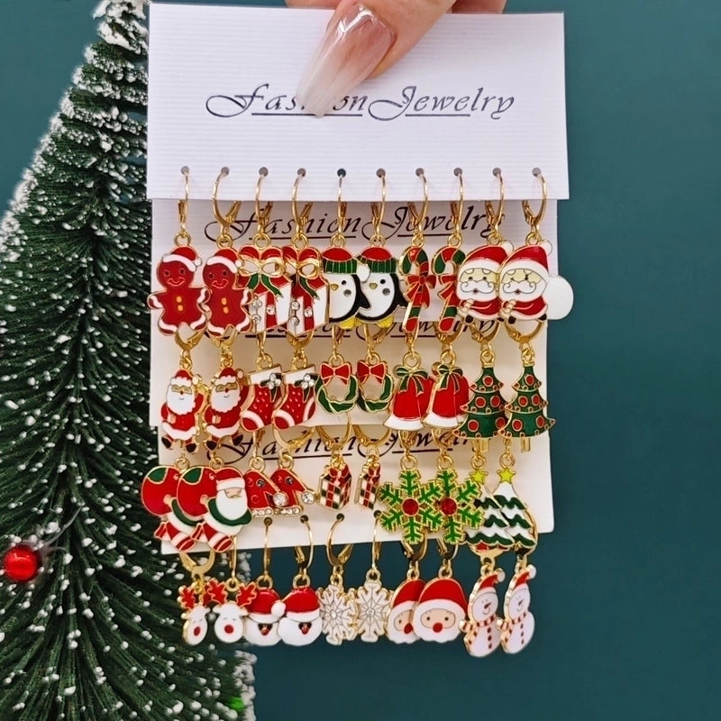 1 Set Cute Santa Claus Snowman Elk Enamel Inlay Alloy Rhinestones Drop Earrings