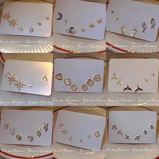 Cute Star Heart Shape Bow Knot Copper Plating Inlay Zircon Hoop Earrings Ear Studs 1 Set