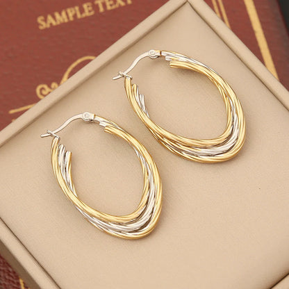 IG Style Ellipse Round Stripe Circle Geometric Stainless Steel Electroplating Earrings