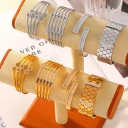 Casual Minimalist Hexagon Round Titanium Steel 18K Gold Plated Rhinestones Bangle In Bulk