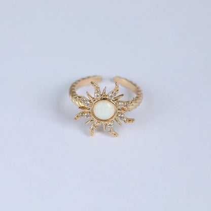 Copper Gold Plated Casual Minimalist Inlay Sun Artificial Opal Zircon Rings Earrings Necklace