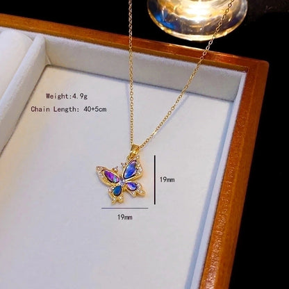 Elegant Shiny Heart Shape Butterfly 304 Stainless Steel Copper Plating Inlay 18K Gold Plated Acrylic Zircon Pendant Necklace