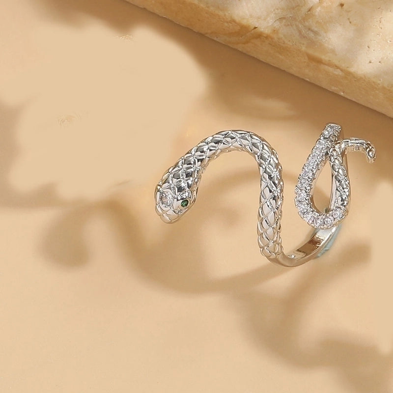 Minimalist Animal Snake Copper Inlay 14K Gold Plated Zircon Open Rings