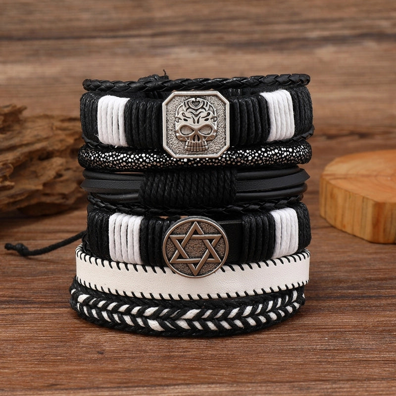 Hip-Hop Retro Streetwear Geometric Skull Pu Leather Alloy Wax Line Halloween Men's Bracelets