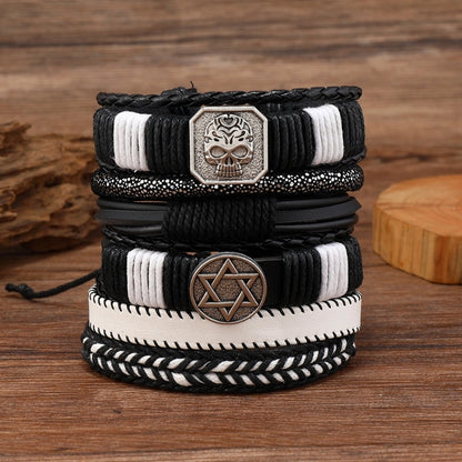 Hip-Hop Retro Streetwear Geometric Skull Pu Leather Alloy Wax Line Halloween Men's Bracelets