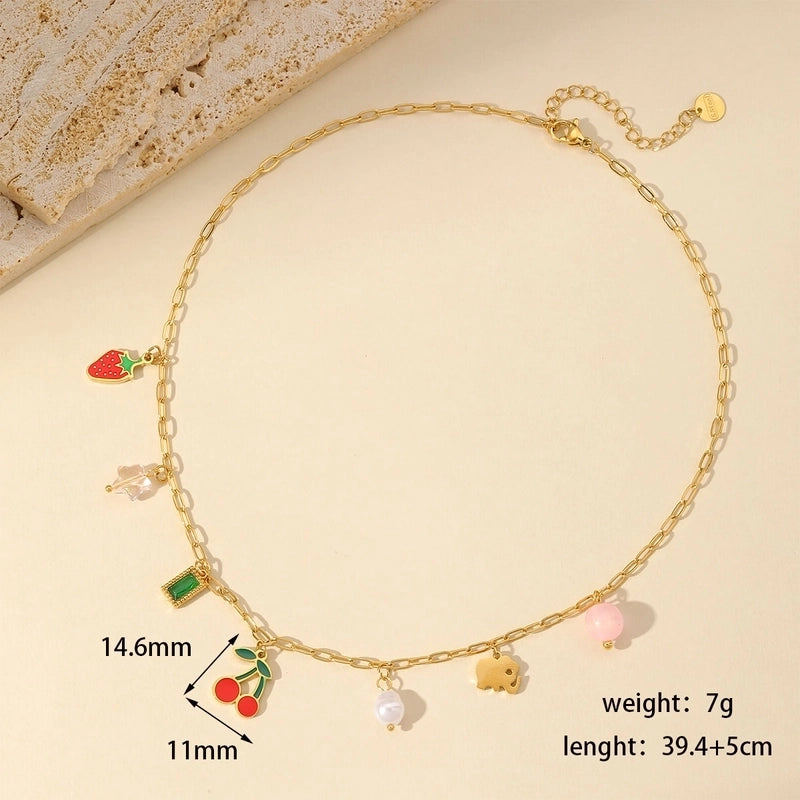 French Style Cherry Strawberry 304 Stainless Steel Imitation Pearl Imitating Stone 18K Gold Plated Enamel Plating Inlay Multi Charms Necklace