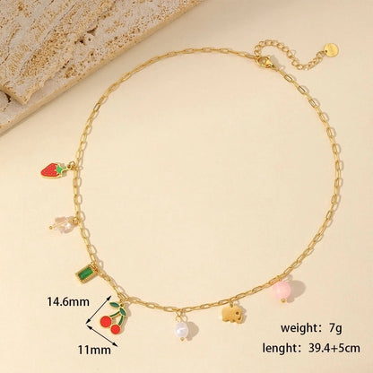 French Style Cherry Strawberry 304 Stainless Steel Imitation Pearl Imitating Stone 18K Gold Plated Enamel Plating Inlay Multi Charms Necklace