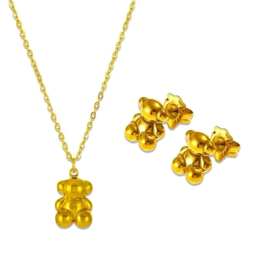 Cute Vintage Style Minimalist Little Bear 304 Stainless Steel 18K Gold Plated Jewelry Set