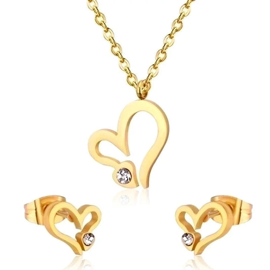 Fashion Heart Shape Stainless Steel Inlay Zircon Earrings Necklace 1 Set