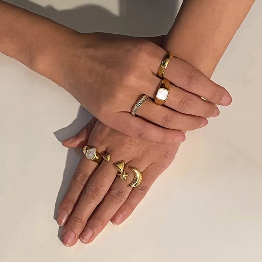 Elegant Minimalist Moon Water Droplets Rectangle 304 Stainless Steel Acrylic Zircon 18K Gold Plated Inlay Open Rings