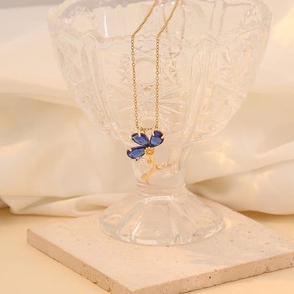 Minimalist Commute Flower 304 Stainless Steel Glass 18K Gold Plated Inlay Pendant Necklace