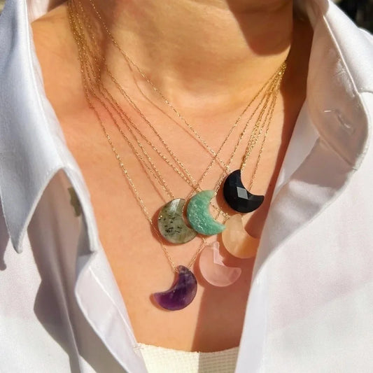 Minimalist Geometric Moon Natural Stone Titanium Steel Pendant Necklace In Bulk