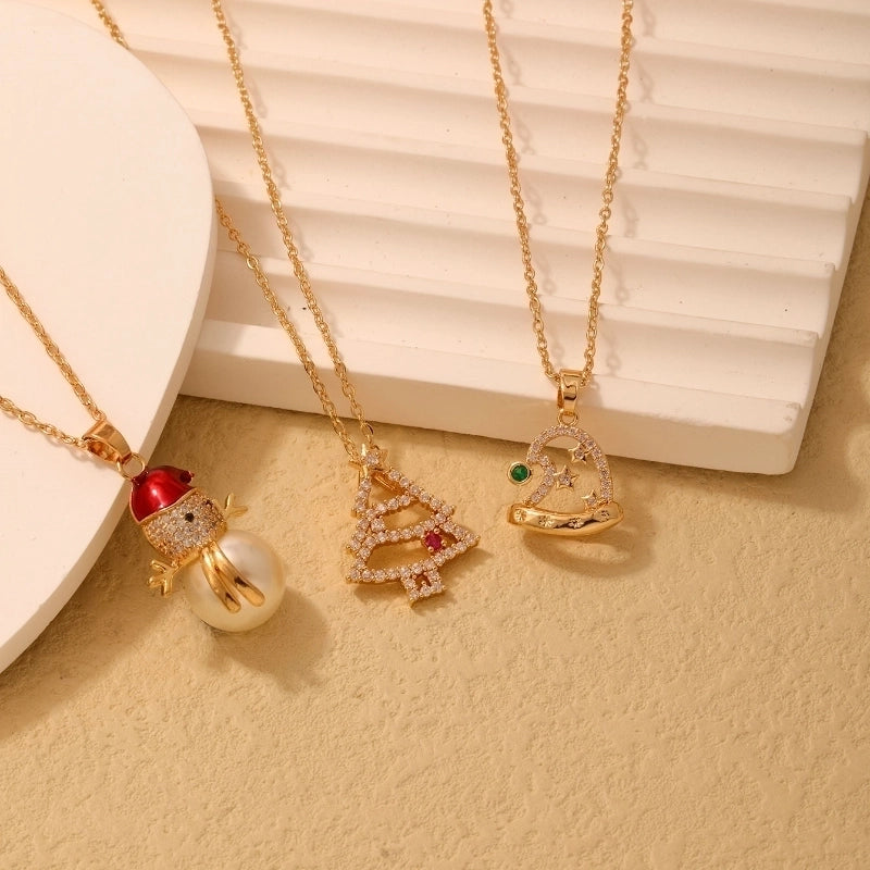 Stainless Steel Copper Plating Inlay Christmas Hat Christmas Tree Snowman Freshwater Pearl Zircon Pendant Necklace