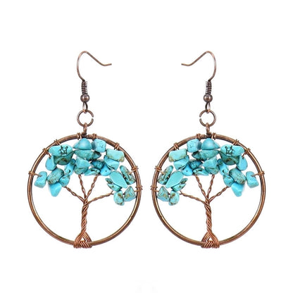 1 Pair Ethnic Style Pastoral Tree Hollow Out Natural Stone Copper Drop Earrings