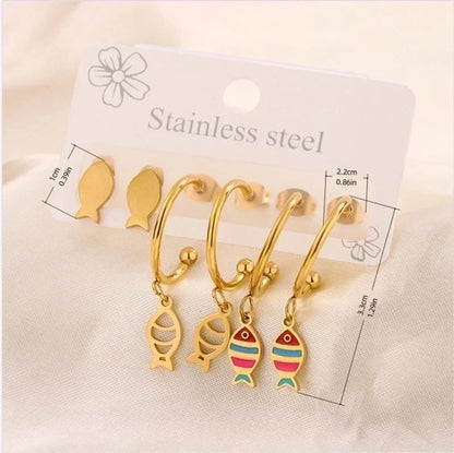 3 Pairs Minimalist Heart Shape Flower Enamel 304 Stainless Steel 18K Gold Plated Drop Earrings Ear Studs
