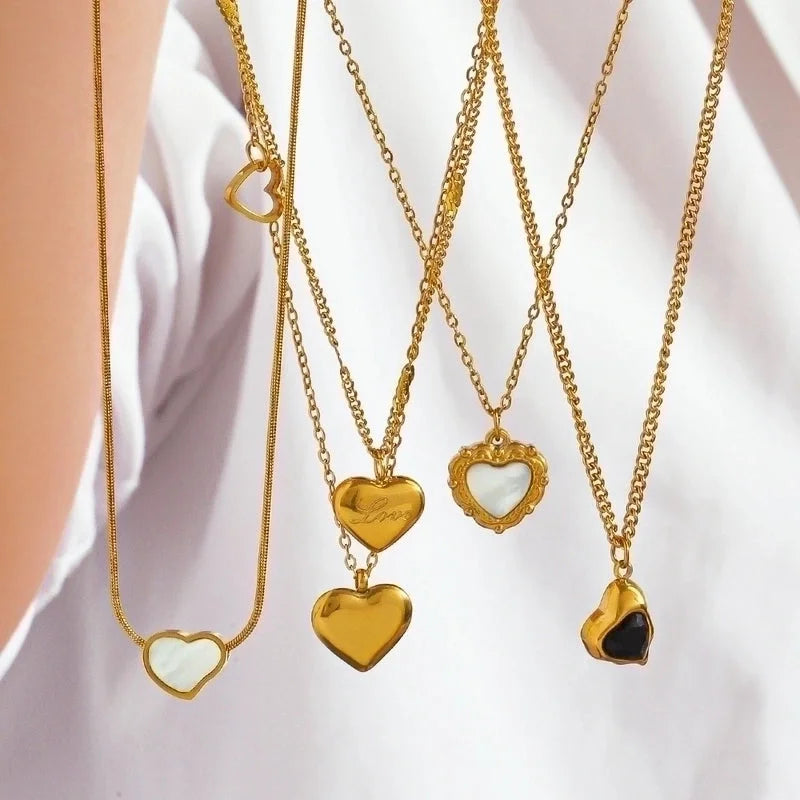 304 Stainless Steel 18K Gold Plated Minimalist Classic Style Plating Inlay Heart Shape Artificial Shell Rhinestones Pendant Necklace