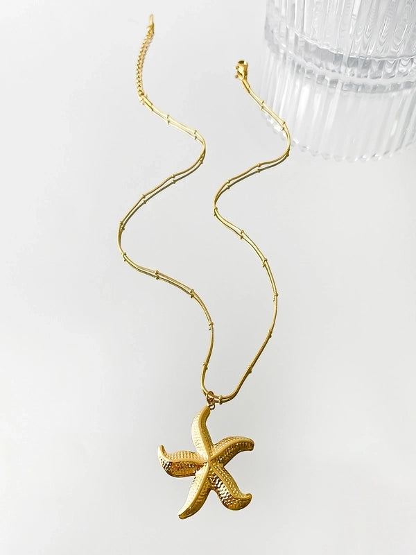 Marine Style Starfish Conch Shell 316L Stainless Steel 18K Gold Plated Pendant Necklace