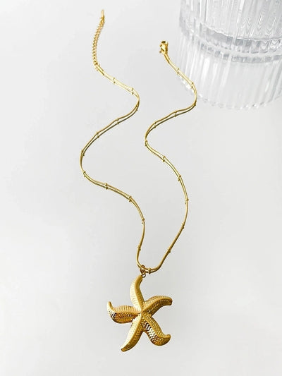 Marine Style Starfish Conch Shell 316L Stainless Steel 18K Gold Plated Pendant Necklace