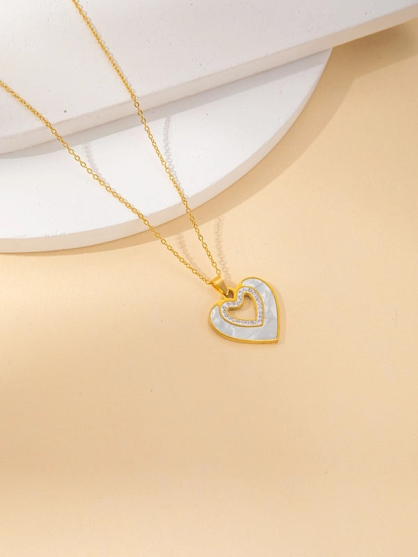 IG Style Minimalist Heart Shape Titanium Steel Shell Zircon Inlay Earrings Necklace