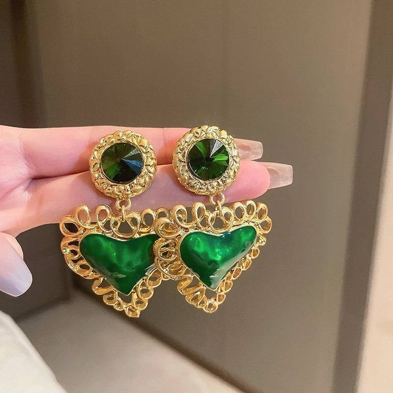 1 Pair Retro Color Block Heart Shape Pleated Inlay Copper Rhinestones Drop Earrings