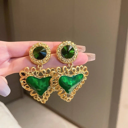 1 Pair Retro Color Block Heart Shape Pleated Inlay Copper Rhinestones Drop Earrings