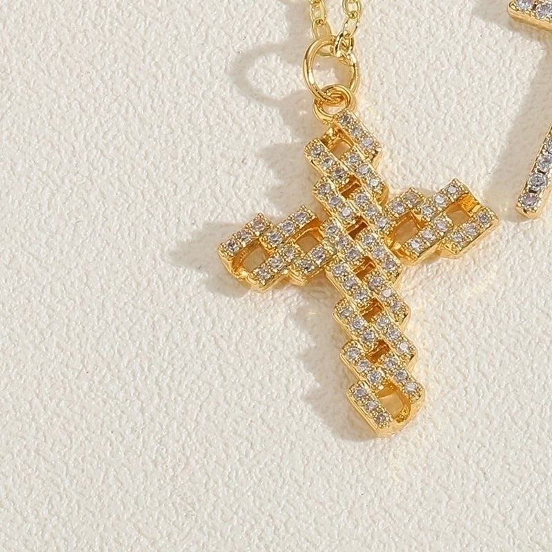 Vintage Style Minimalist Cross Copper 14k Gold Plated Zircon Pendant Necklace In Bulk