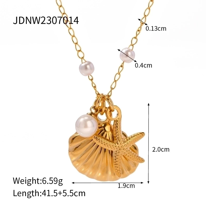2 Pieces 304 Stainless Steel 18K Gold Plated Beach Minimalist Beaded Plating Starfish Shell Fish Tail Pendant Necklace