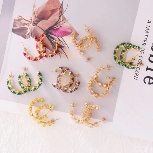 1 Pair IG Style Baroque Style Shiny C Shape Rhombus Inlay 316 Stainless Steel Zircon 18K Gold Plated Ear Studs