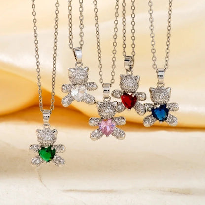 304 Stainless Steel Copper Rhodium Plated Inlay Bear Heart Shape Glass Zircon Pendant Necklace