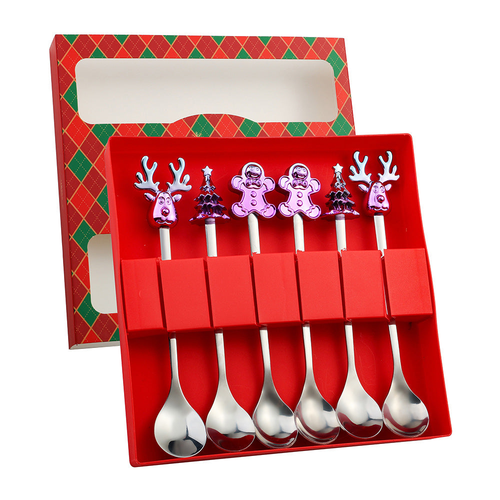 J Christmas Spoon Set Cartoon Colorful Santa Claus Christmas Tree Spoon Fork Coffee Dessert Spoon Gift Box
