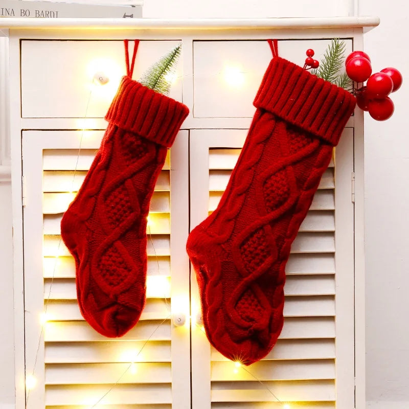Large Christmas Socks Candy Bag Scene Layout Decoration Ornaments Knitted Gift Bag Rhombus Wool Gift