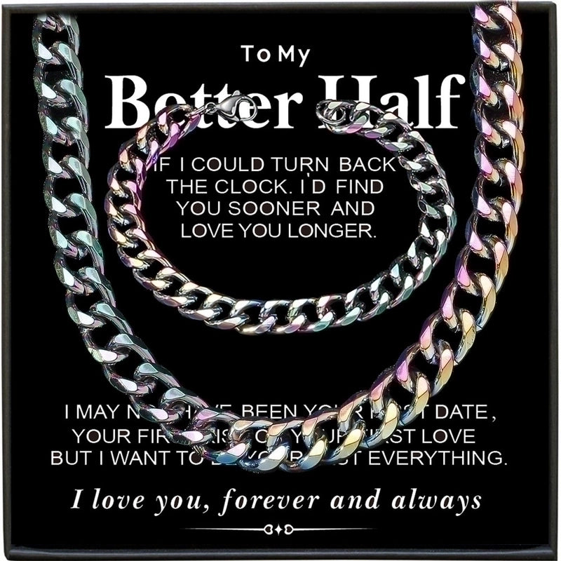 2 Pieces Hip-Hop Solid Color Alloy Titanium Steel Plating Men\'S Bracelets Necklace