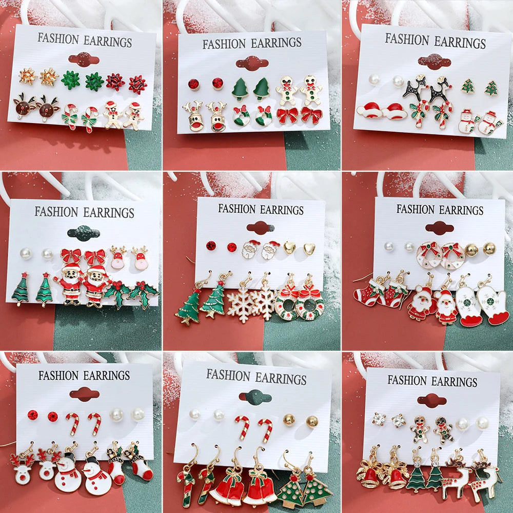 New Christmas Snowman Cane Earrings Set Cartoon Dripping Elk Wreath Earrings