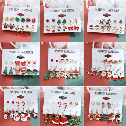 New Christmas Snowman Cane Earrings Set Cartoon Dripping Elk Wreath Earrings