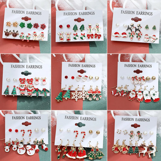 New Christmas Snowman Cane Earrings Set Cartoon Dripping Elk Wreath Earrings