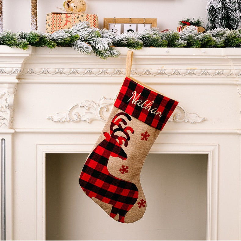 2 Pieces Christmas Stocking Decoration Supplies Red And Black Plaid Burlap Patch Embroidery Children's Gift Bag Holiday Decoration