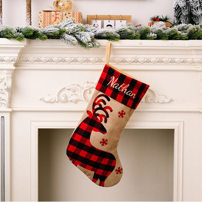 2 Pieces Christmas Stocking Decoration Supplies Red And Black Plaid Burlap Patch Embroidery Children's Gift Bag Holiday Decoration