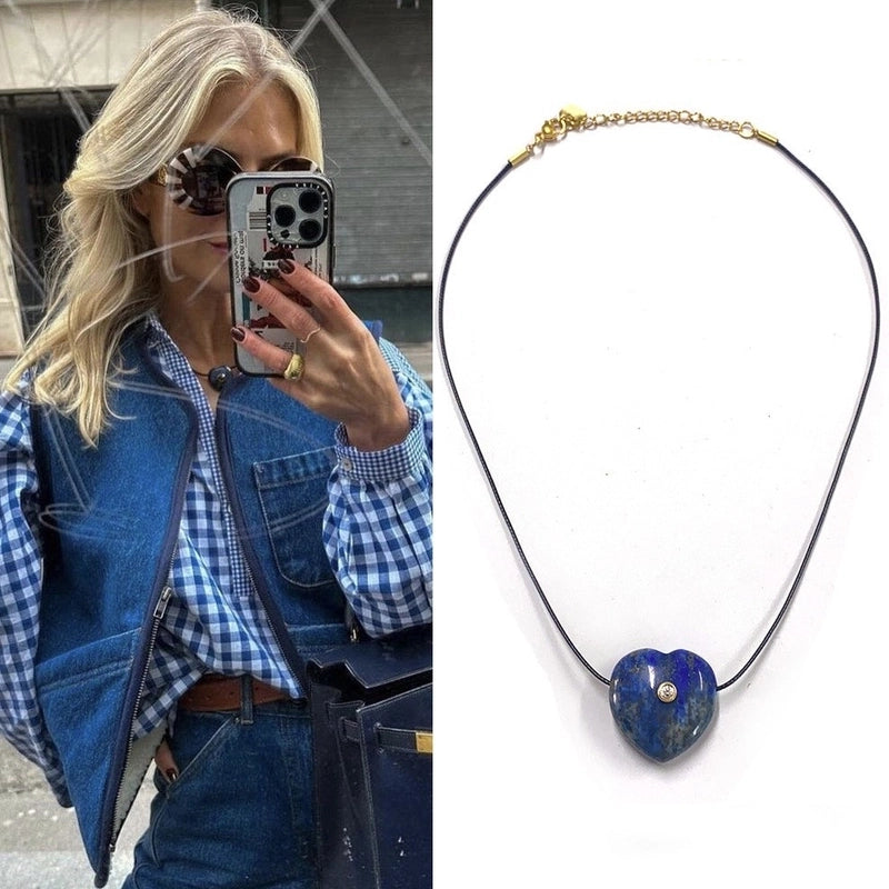 2 Pieces Minimalist Heart Shape Natural Stone Titanium Steel Pendant Necklace In Bulk