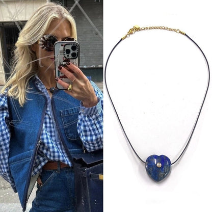 2 Pieces Minimalist Heart Shape Natural Stone Titanium Steel Pendant Necklace In Bulk