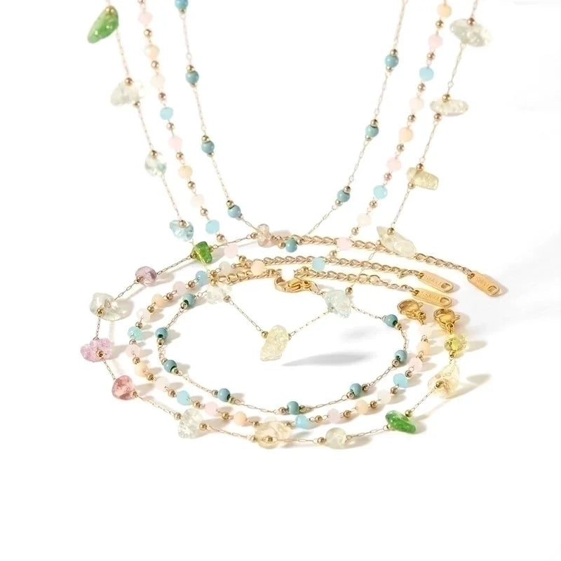 304 Stainless Steel 18K Gold Plated Minimalist Classic Style Polishing Plating Inlay Round Natural Stone Bracelets Anklet Necklace