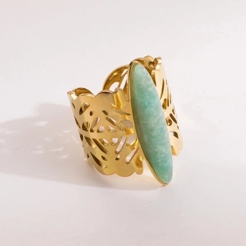 2 Pieces Vintage Style Minimalist Oval 304 Stainless Steel Natural Stone 14K Gold Plated Inlay Open Rings