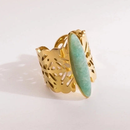 2 Pieces Vintage Style Minimalist Oval 304 Stainless Steel Natural Stone 14K Gold Plated Inlay Open Rings