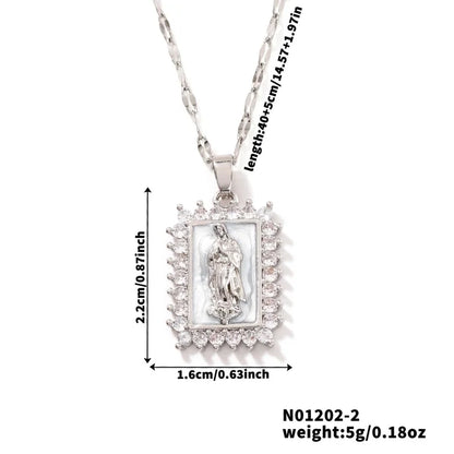 Vintage Style Religion Artistic Round Virgin Mary 304 Stainless Steel Copper Zircon K Gold Plated Inlay Pendant Necklace